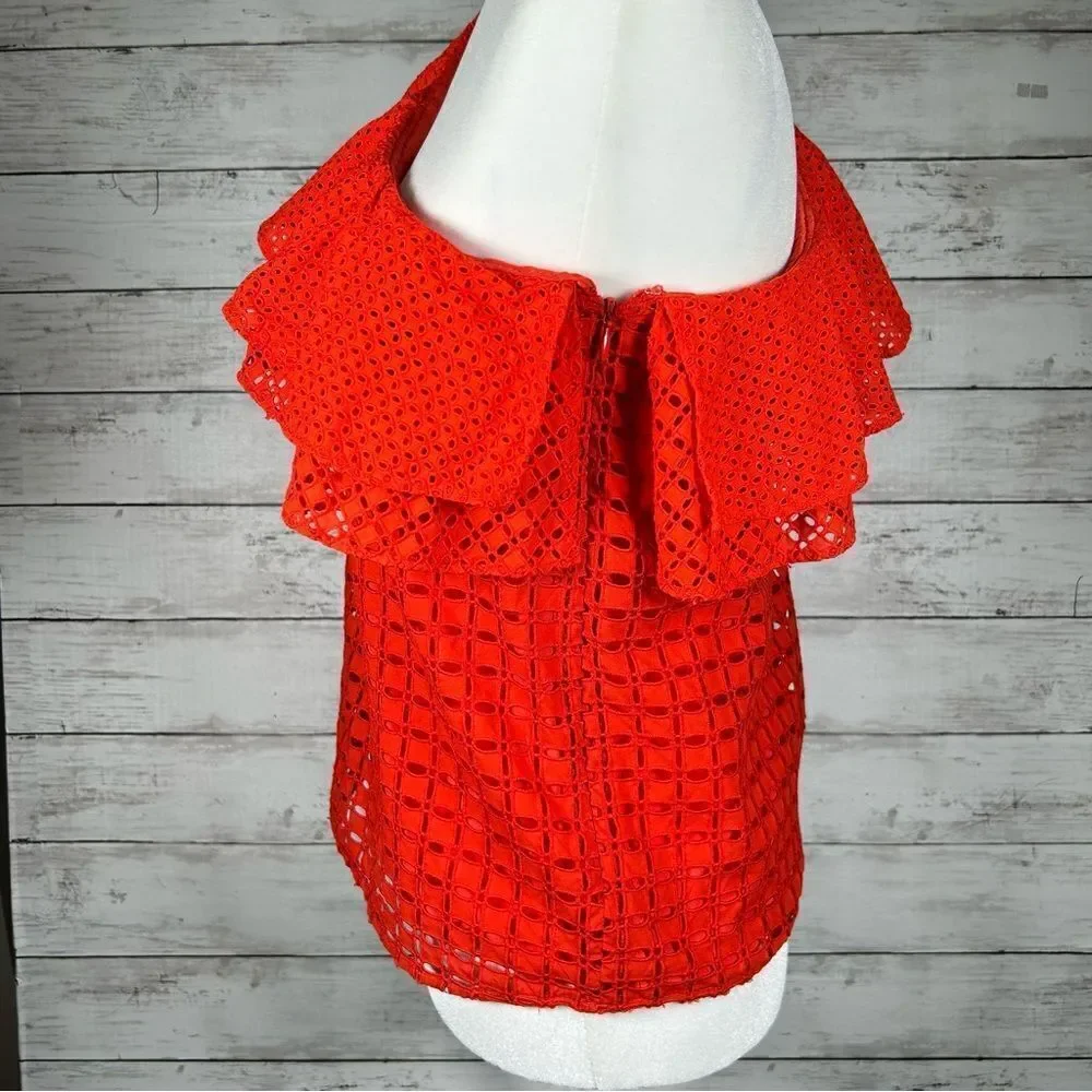 J. Crew One Shoulder Cotton Eyelet Ruffle Red Lined Top 2 Runs Medium 6/8